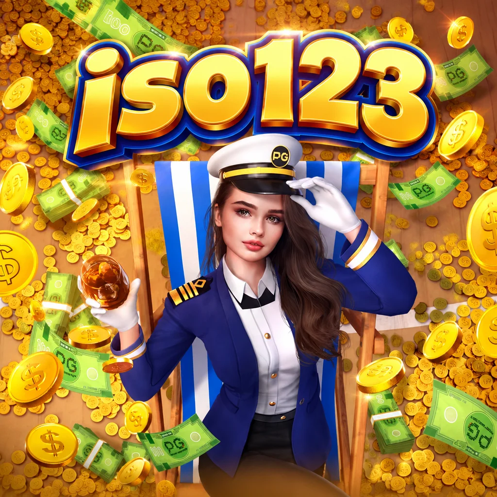 โลโก้ iso123 บนภาพธีมเกม Cruise Royale กัปตันเรือสาวบนเก้าอี้ชายหาดท่ามกลางเหรียญทอง