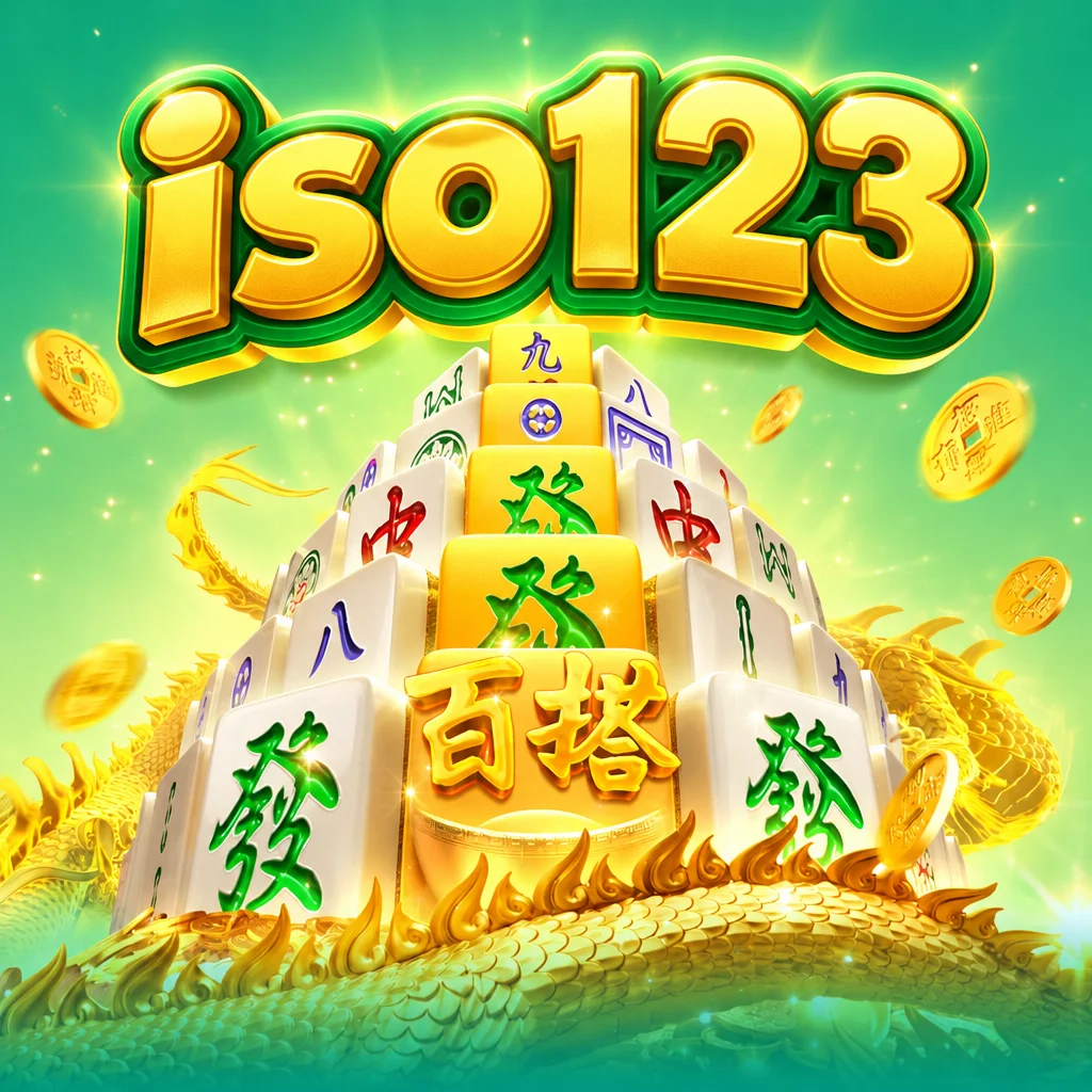 โลโก้ iso123 บนภาพธีมเกม Mahjong Ways 2 พร้อมพีระมิดไพ่นกกระจอกและมังกรทอง